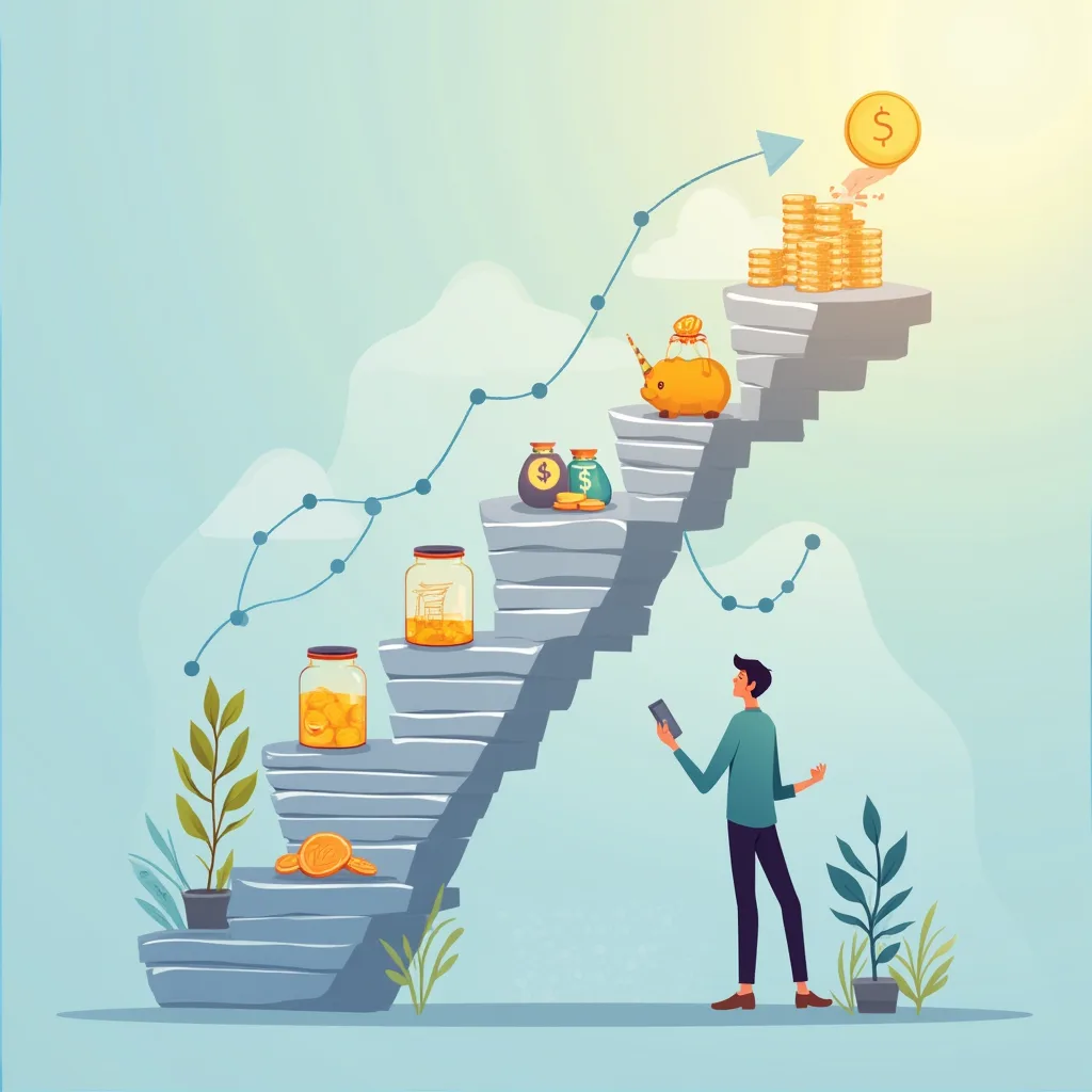 A visually engaging illustration representing the concept of financial order of operations, featuring a series of interconnected steps or stages depicted as a ladder or flowchart, with elements like coins, savings jars, investment symbols, and budgeting tools integrated into the design. The background should have a gradient that conveys a sense of growth and stability, with soft lighting highlighting each step in the process.
