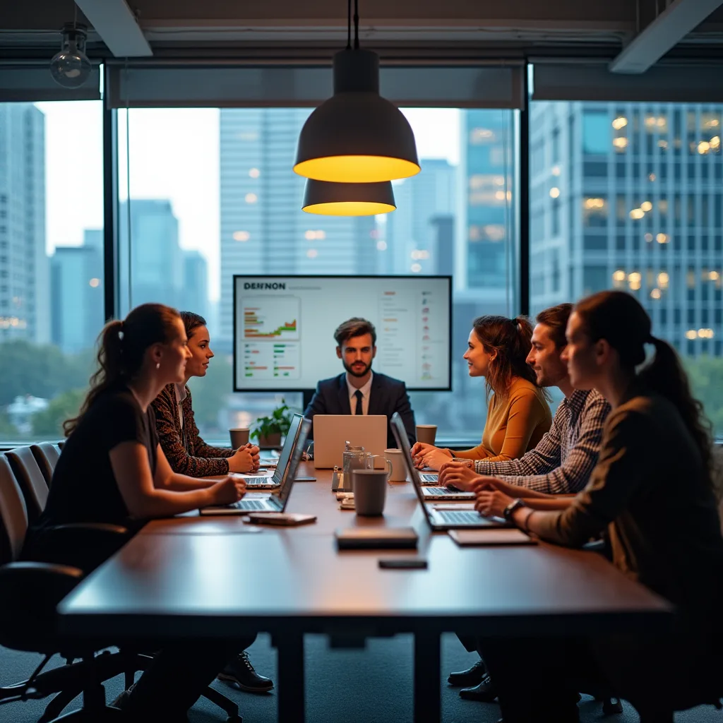 Group of finance interns in a modern office setting at Atlassian USA 2025 Summer Finance Internship, collaborating around a table with laptops and data on screen.